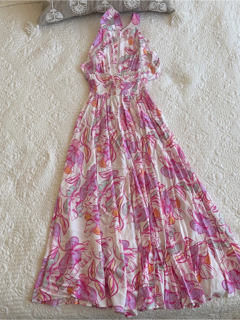 Abel The Label Pink Floral Crochet Trim Halter Maxi Dress XS